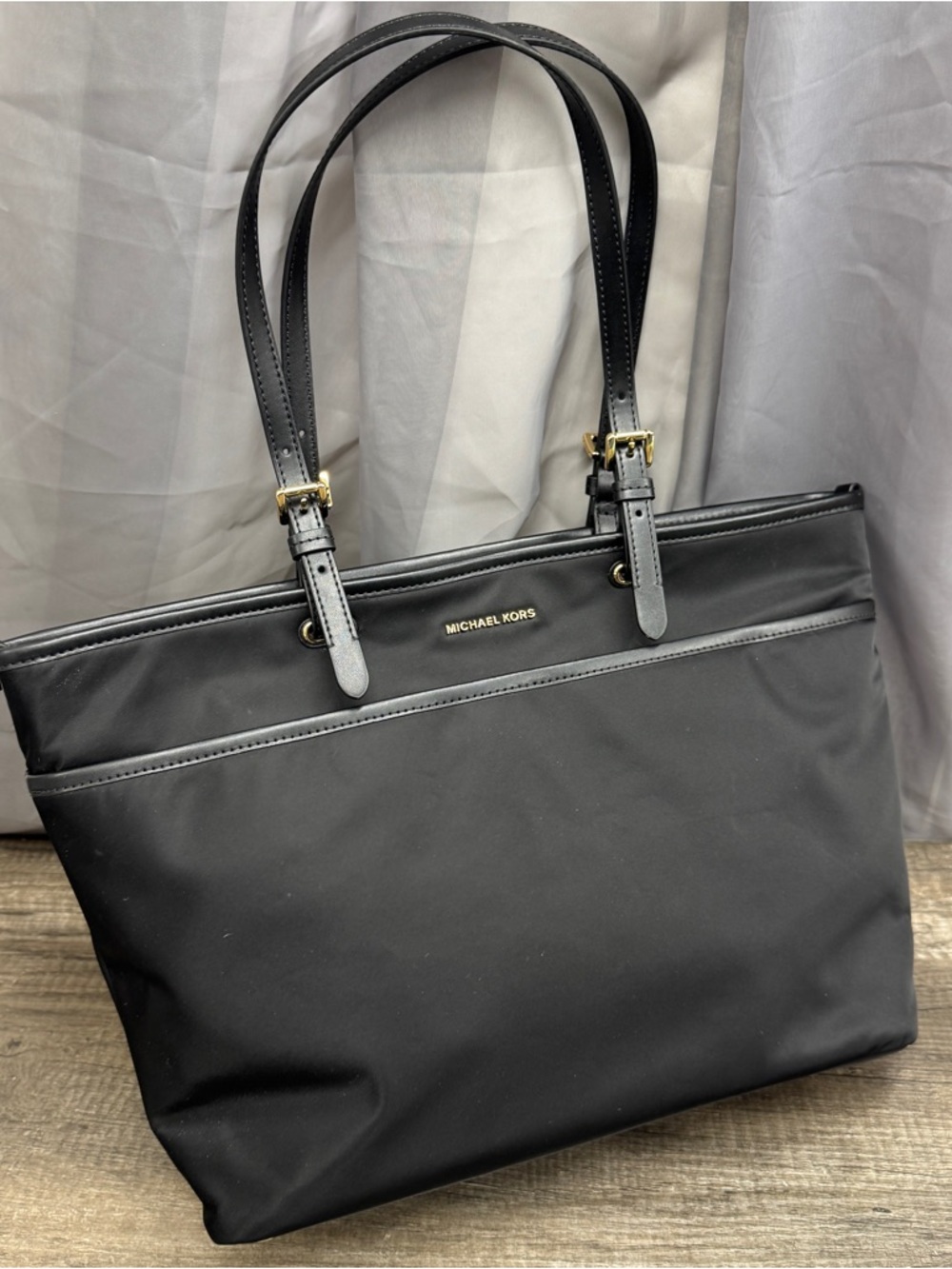 Michael Kors Large Winston Black Nylon Pocket Tote Bag with Gold Hardware.